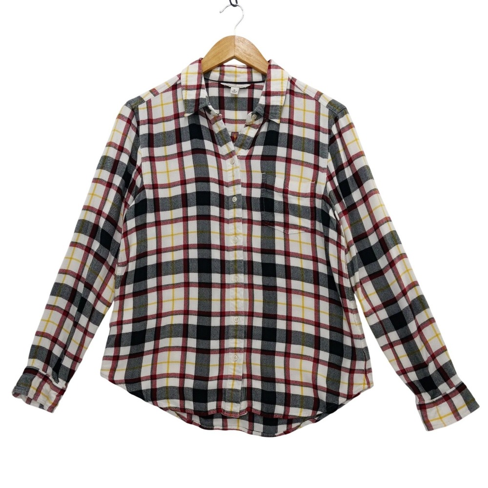 L.L.Bean Signature Plaid Flannel Shirt Sz M‎ Red Black White Yellow Rayon